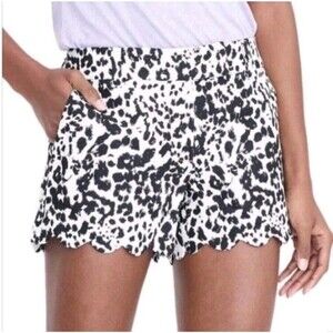 J Crew Women's Black White Leopard Print Linen Blend Scalloped Hem Shorts